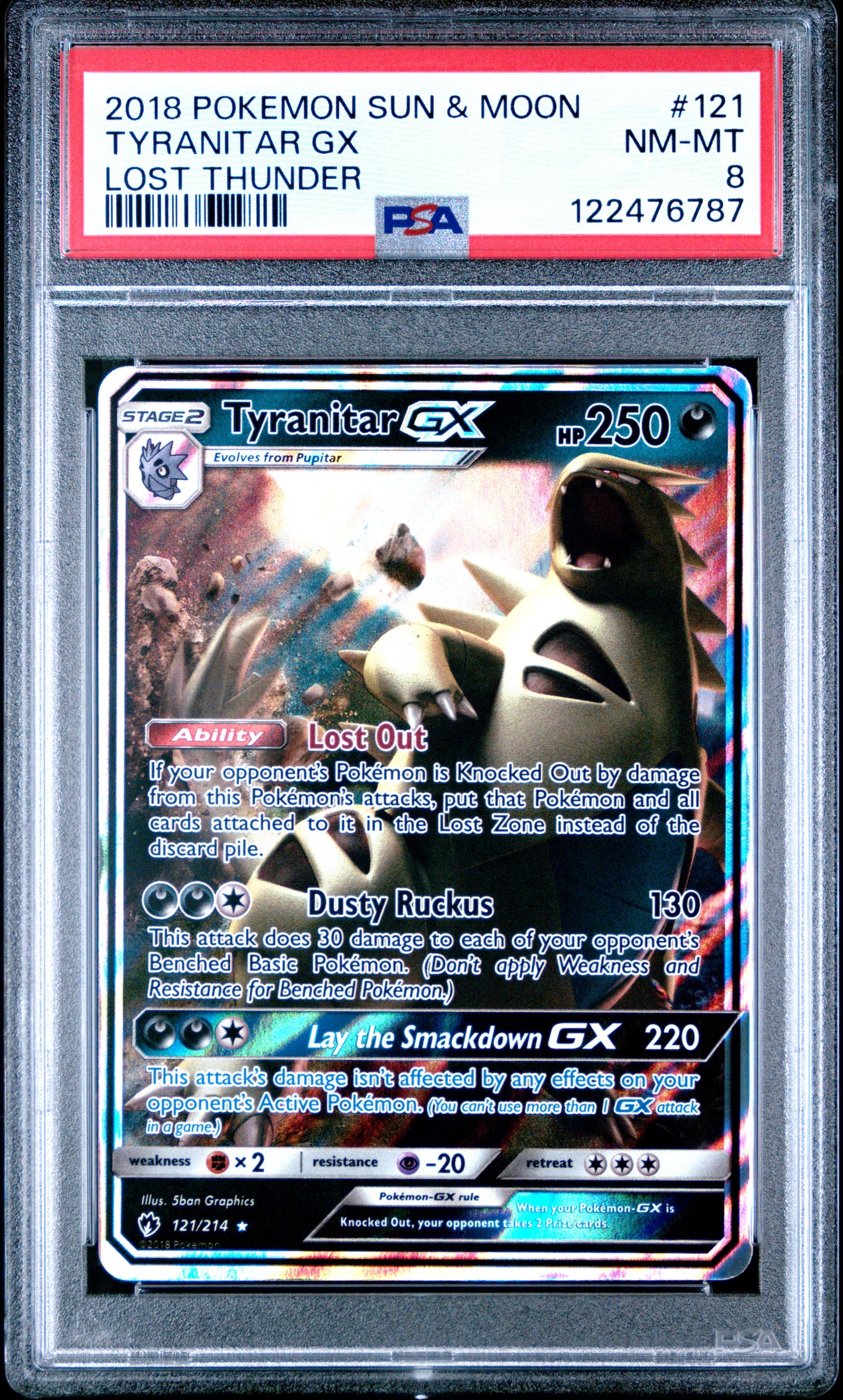 2018 Pokemon Sun & Moon Lost Thunder Tyranitar Gx #121 PSA 8