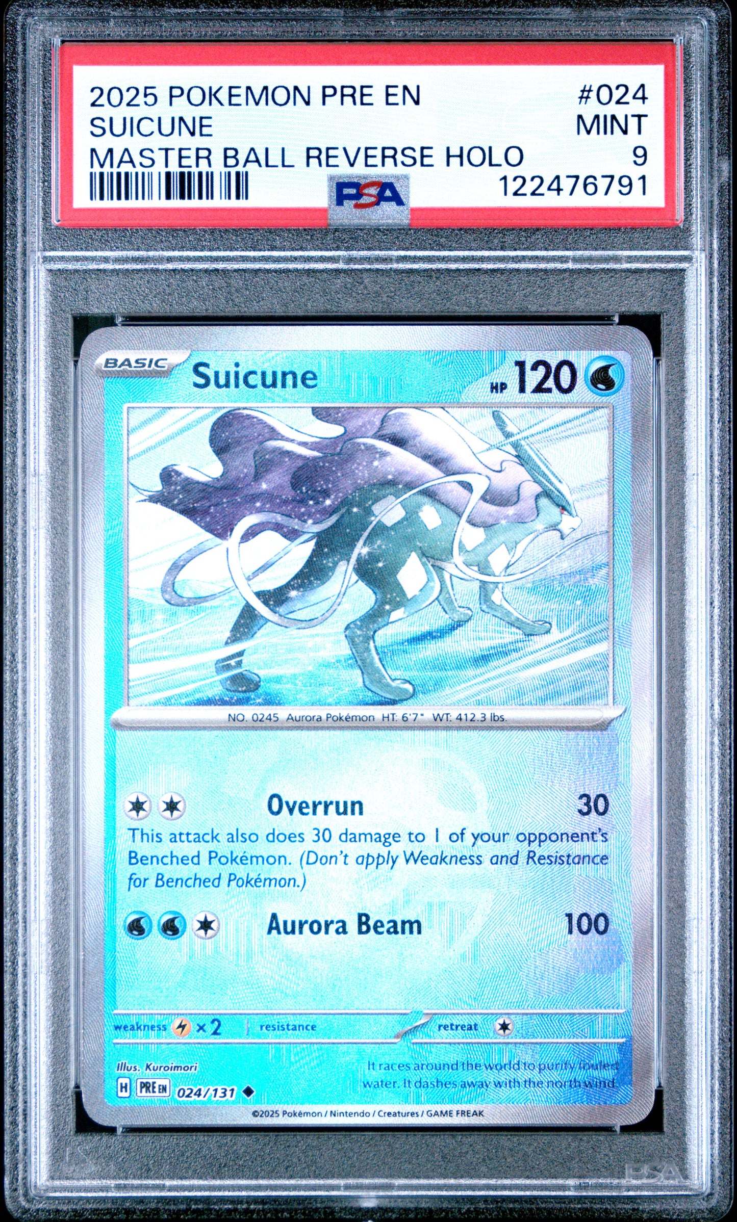 2025 Pokemon Pre En-Prismatic Evolutions Master Ball Reverse Holo Suicune #024 PSA 9