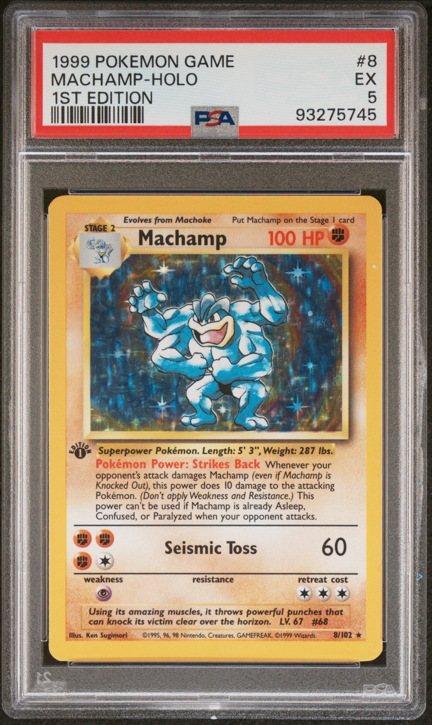 1999 Pokemon Game 1st Edition Holo Machamp #8 PSA 5