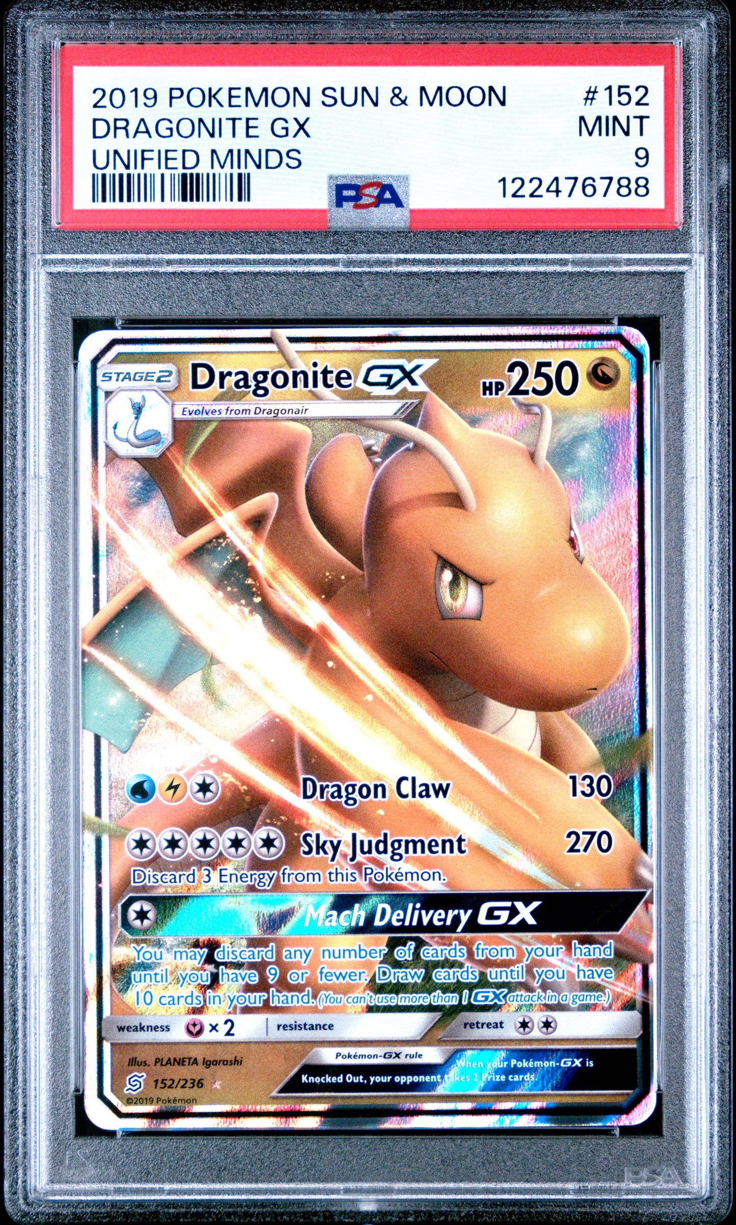 2019 Pokemon Sun & Moon Unified Minds Dragonite Gx #152 PSA 9