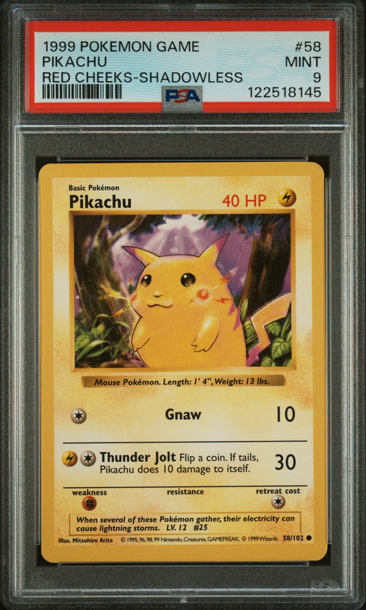 1999 Pokemon Game Shadowless Red Cheeks Pikachu #58 PSA 9