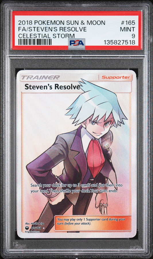 2018 Pokemon Sun & Moon Celestial Storm Fa Steven's Resolve #165 PSA 9