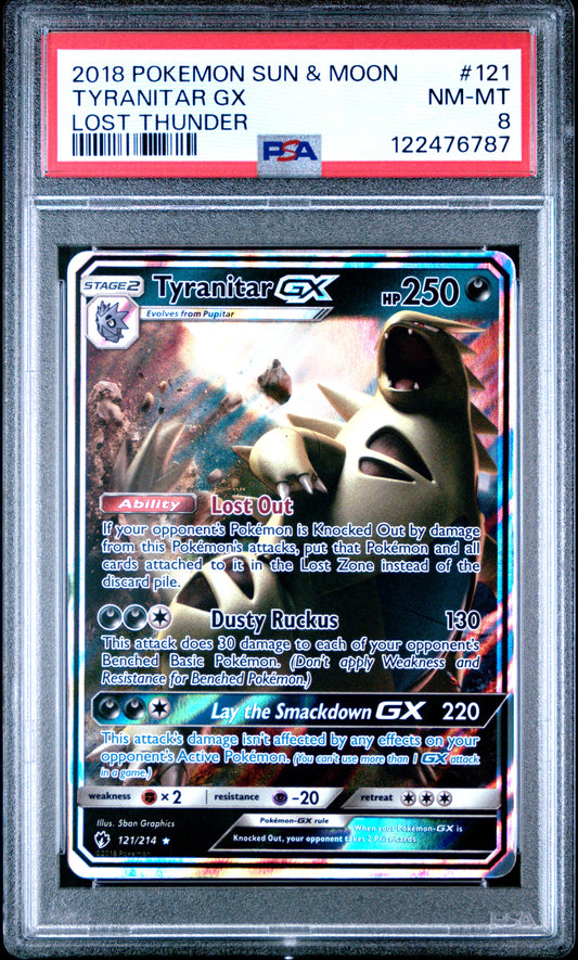 2018 Pokemon Sun & Moon Lost Thunder Tyranitar Gx #121 PSA 8