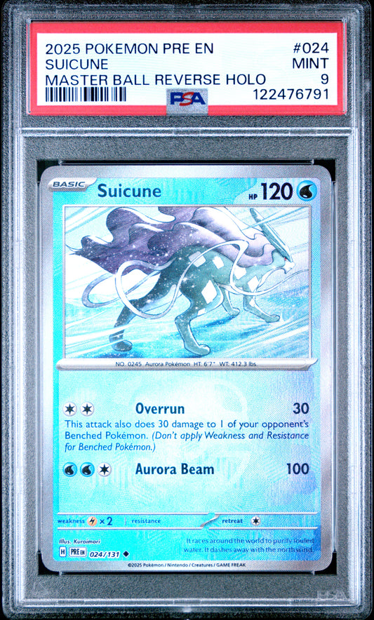 2025 Pokemon Pre En-Prismatic Evolutions Master Ball Reverse Holo Suicune #024 PSA 9
