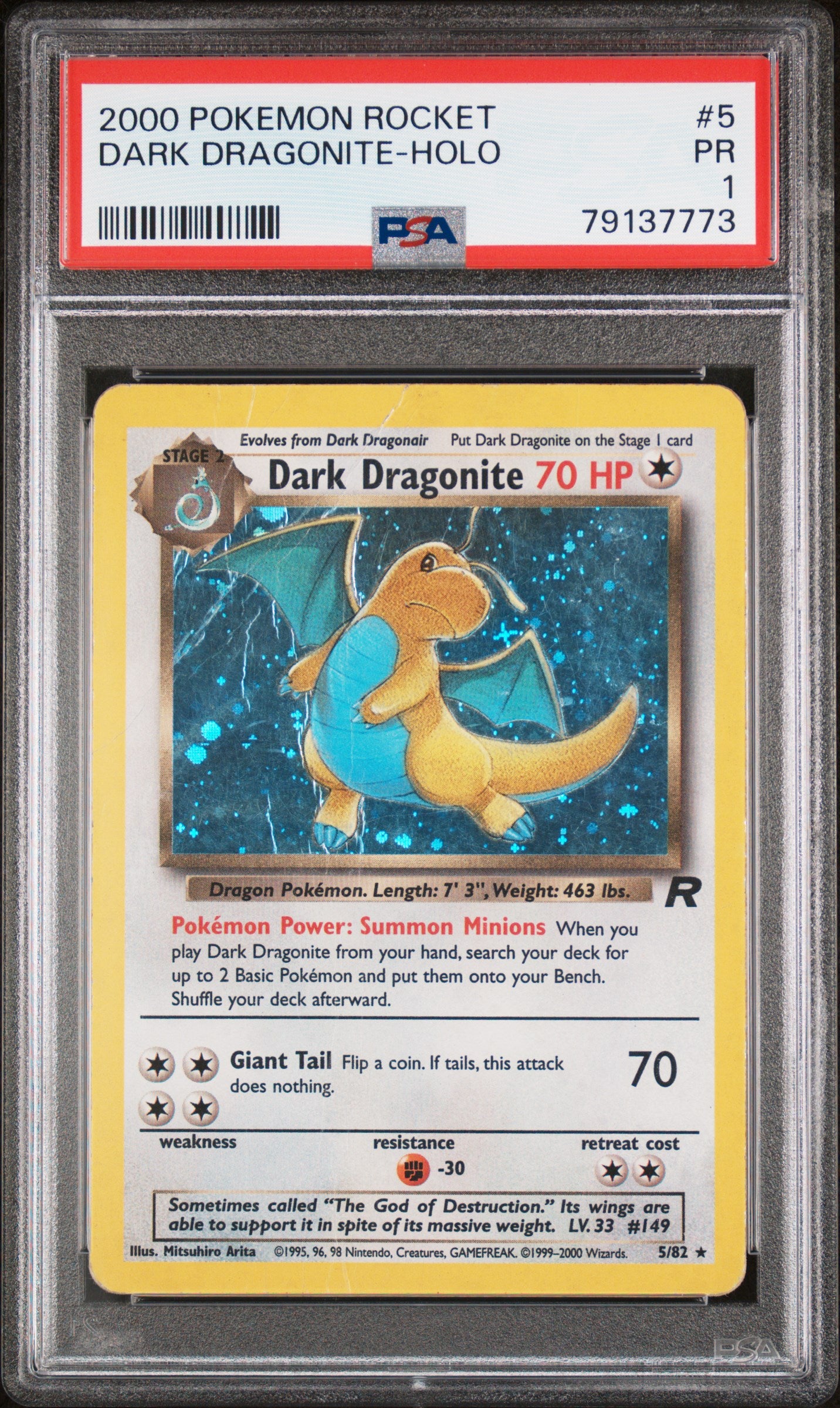 2000 Pokemon Rocket Dark Dragonite-Holo #5 PSA 1