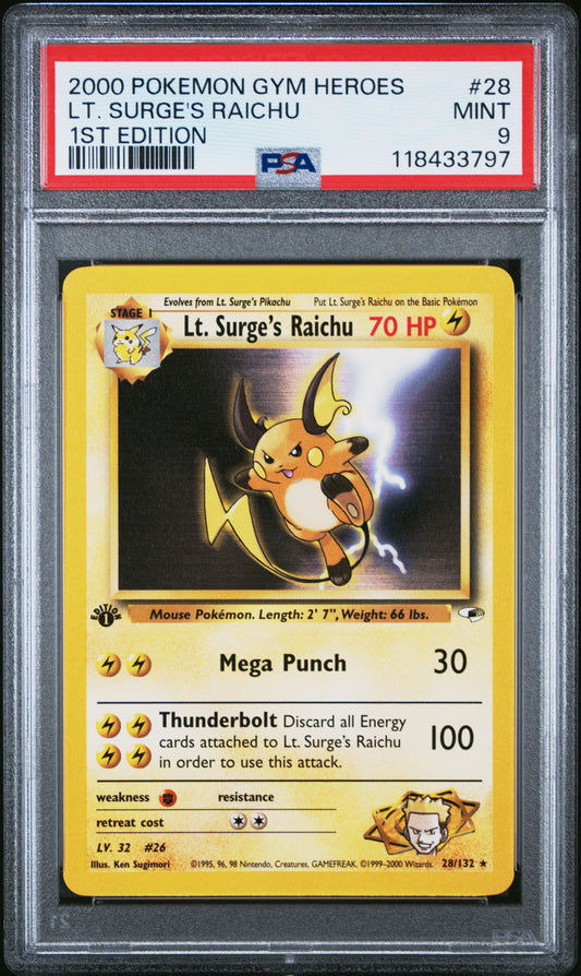 2000 Pokemon Gym Heroes 1st Edition Lt. Surge's Raichu #28 PSA 9